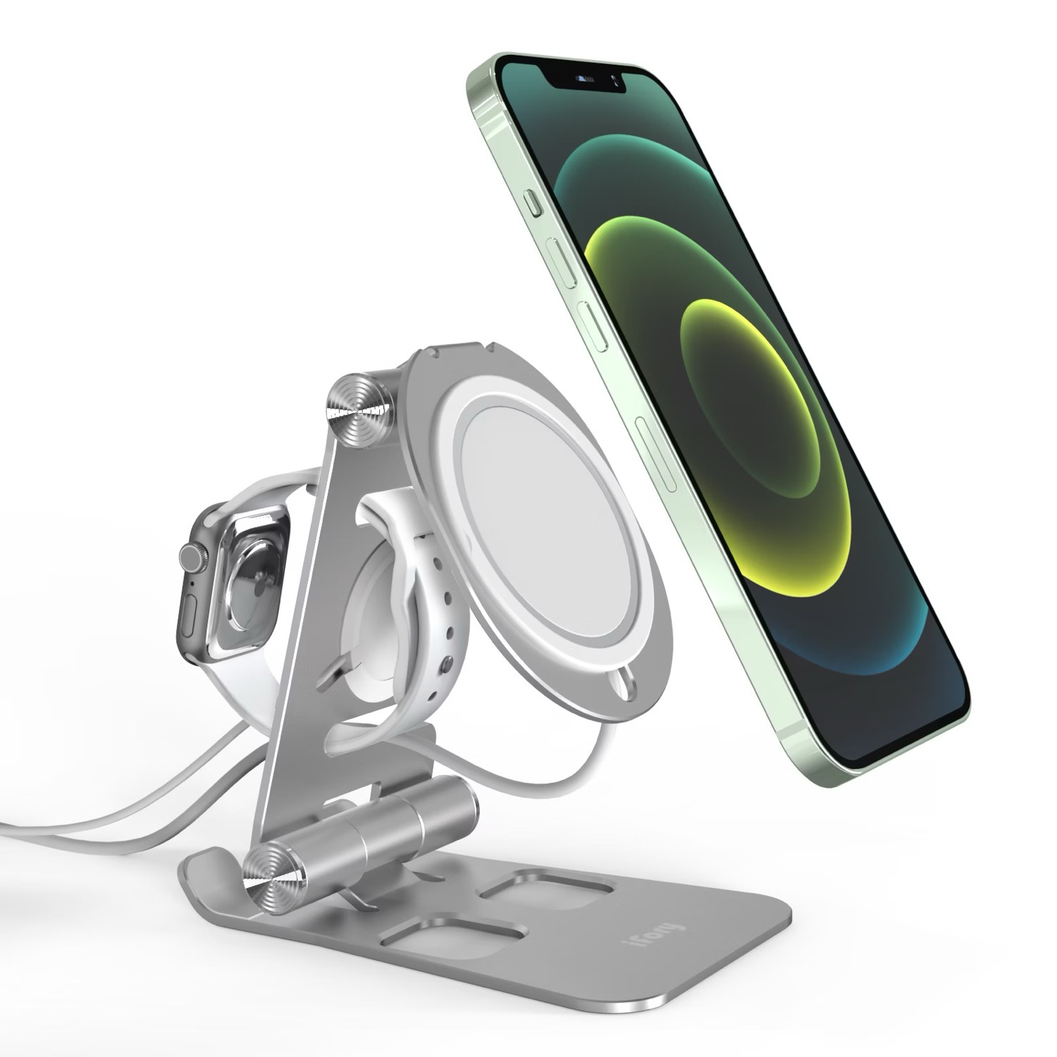 iFory iPhone MagSafe + Apple Watch 三合一手機手錶支架（黑 / 銀）