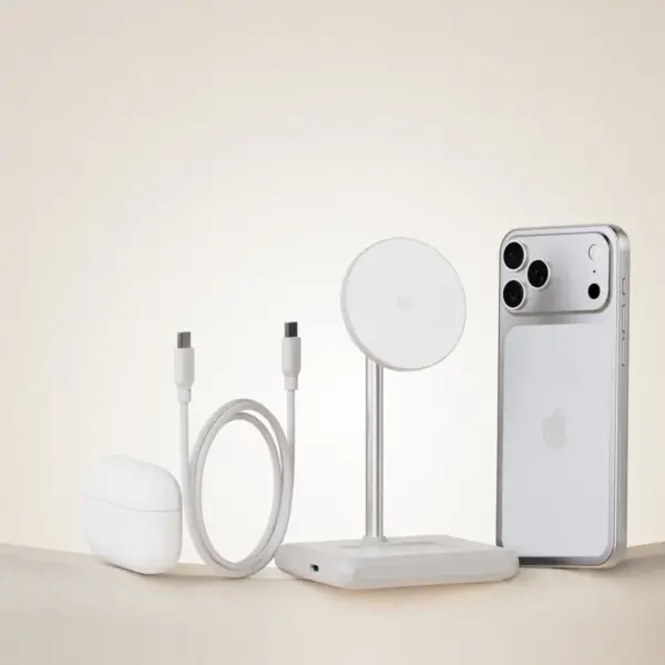 Allite WQ2 Qi2.2 磁吸無線充電座，iPhone 與 AirPods 充電示意